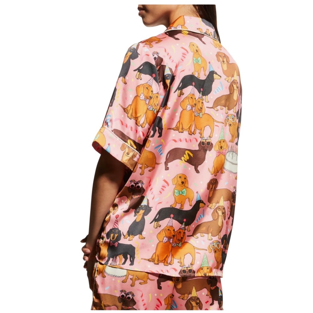 $135 Karen Mabon Hot Dog Birthday Satin Pajama Set Pink Dachshund Dog Print XL - Picture 3 of 12